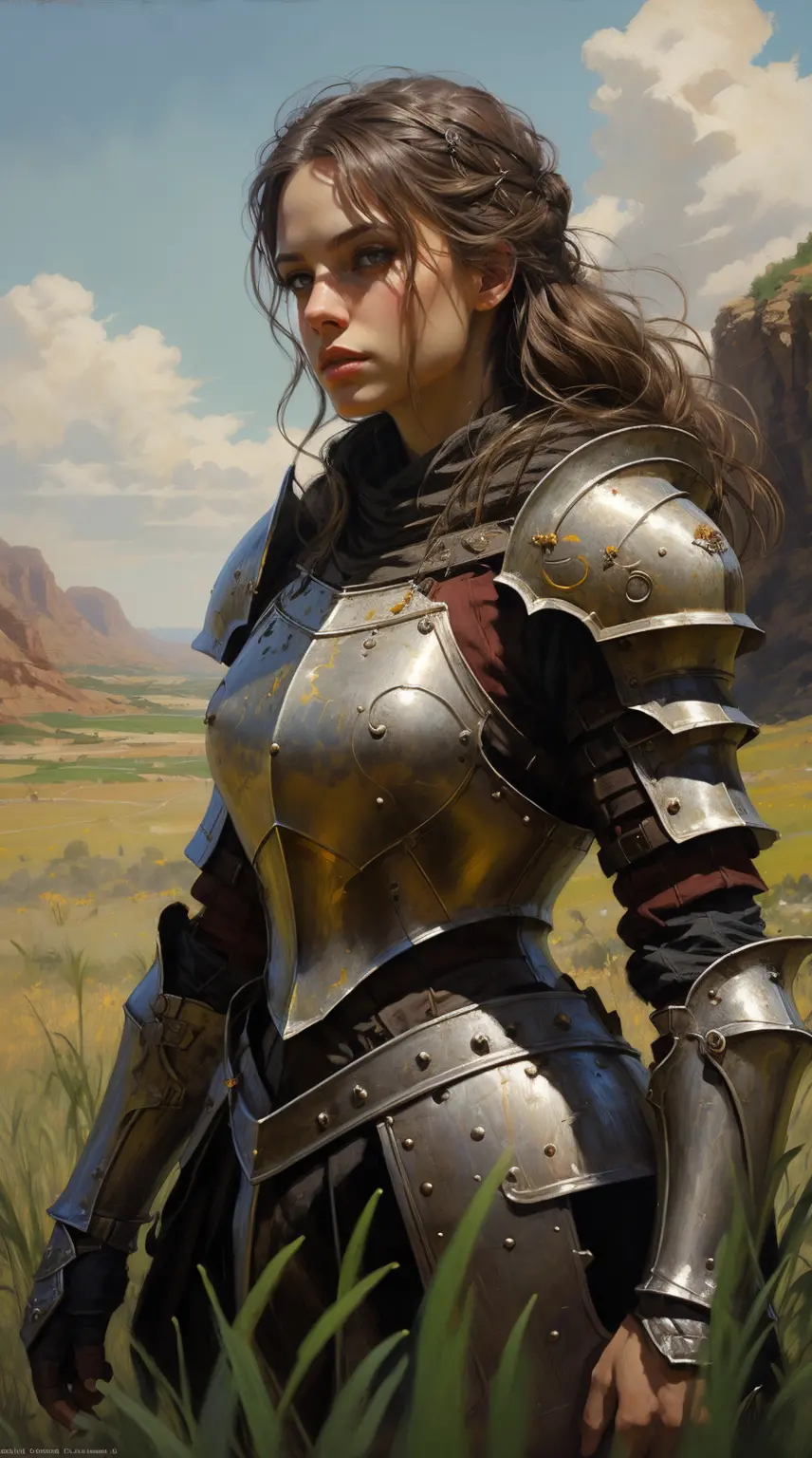 breathtaking oil painting, medieval fantasy, mature knight, commander woman, armored woman, blonde hair, high detail armor, gras...
