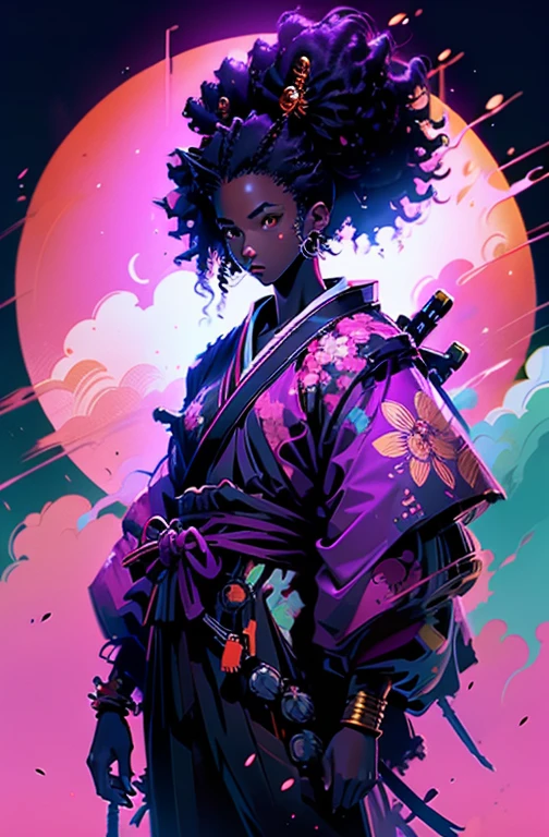 a young black boy samurai with afro hair, floral background, full moon (golden moon)