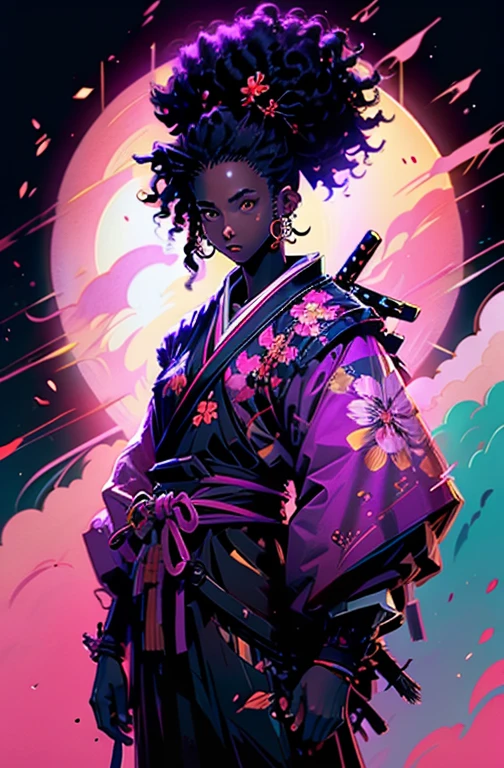 a young black boy samurai with afro hair, floral background, full moon (golden moon)