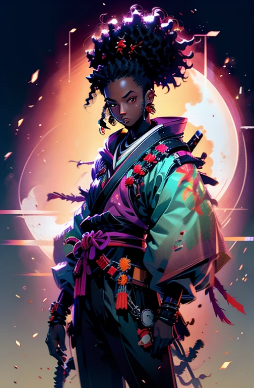 a young black (((boy))) samurai with afro hair,  full moon (golden moon)