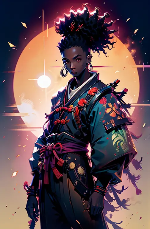 a young black (((boy))) samurai with afro hair,  full moon (golden moon)