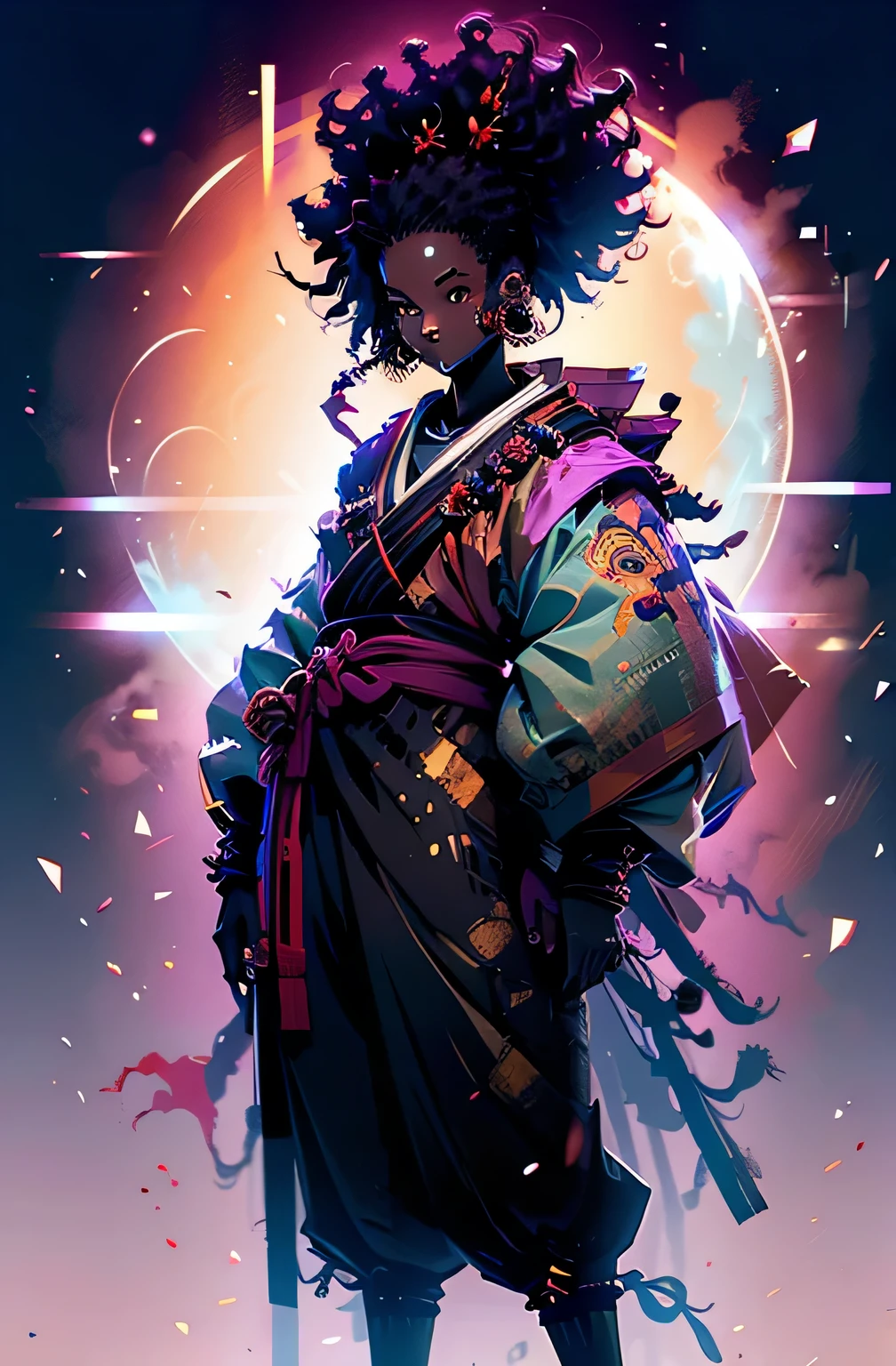 a young black (((boy))) samurai with afro hair,  full moon (golden moon)