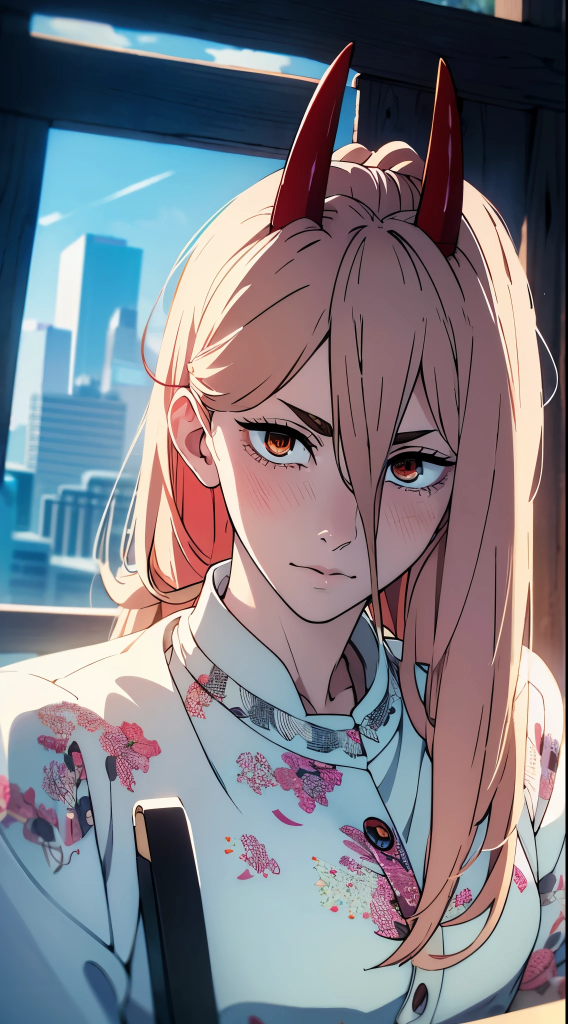 Best Quality, Illustration, Ultra-detailed, finely detail, hight resolution, 8K Wallpaper, high ponytail, hair tie, perfect_face, more_details:1, Detailedface, red horns, rood-shaped eyes