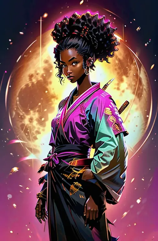 a young black woman samurai with afro hair, full moon (golden moon)