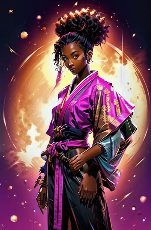 a young black woman samurai with afro hair, full moon (golden moon)