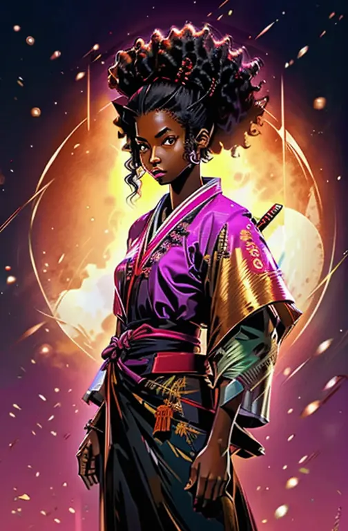 a young black woman samurai with afro hair, full moon (golden moon)