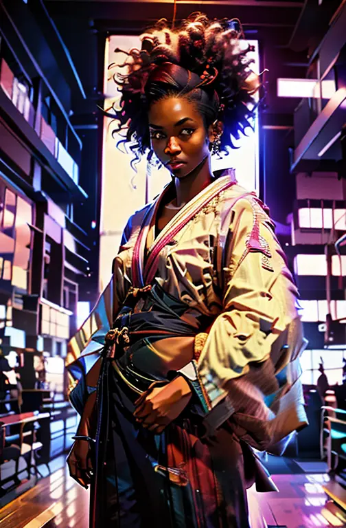 a young black woman samurai with afro hair, full moon (golden moon)