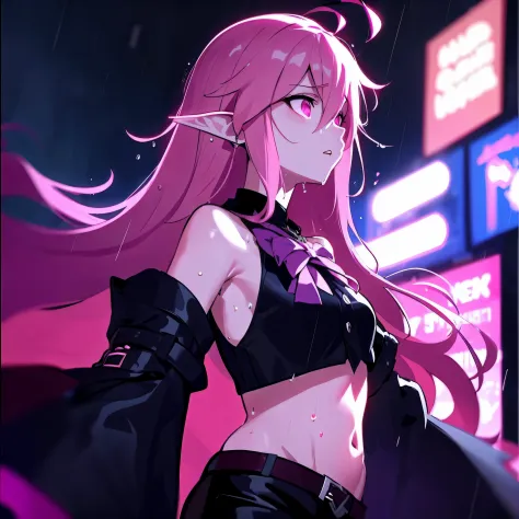 anime girl with pink hair and black outfit standing in the rain, cyberpunk anime girl, nightcore, anime cyberpunk art, digital c...