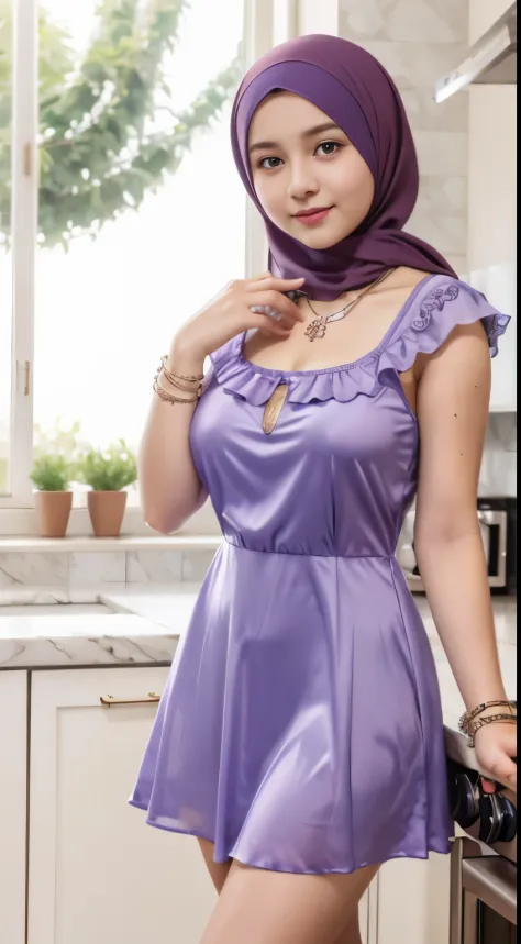 Hyper realistic, Beautiful, cute Face, (14 Years old ukrainian lolita Girl), (wearing modern hijab), wearing sexy seethru light purple floral short house dress, unbuttoned house dress, open breast, breast out, Rounded small Breast,slightly Chubby , luxury ...