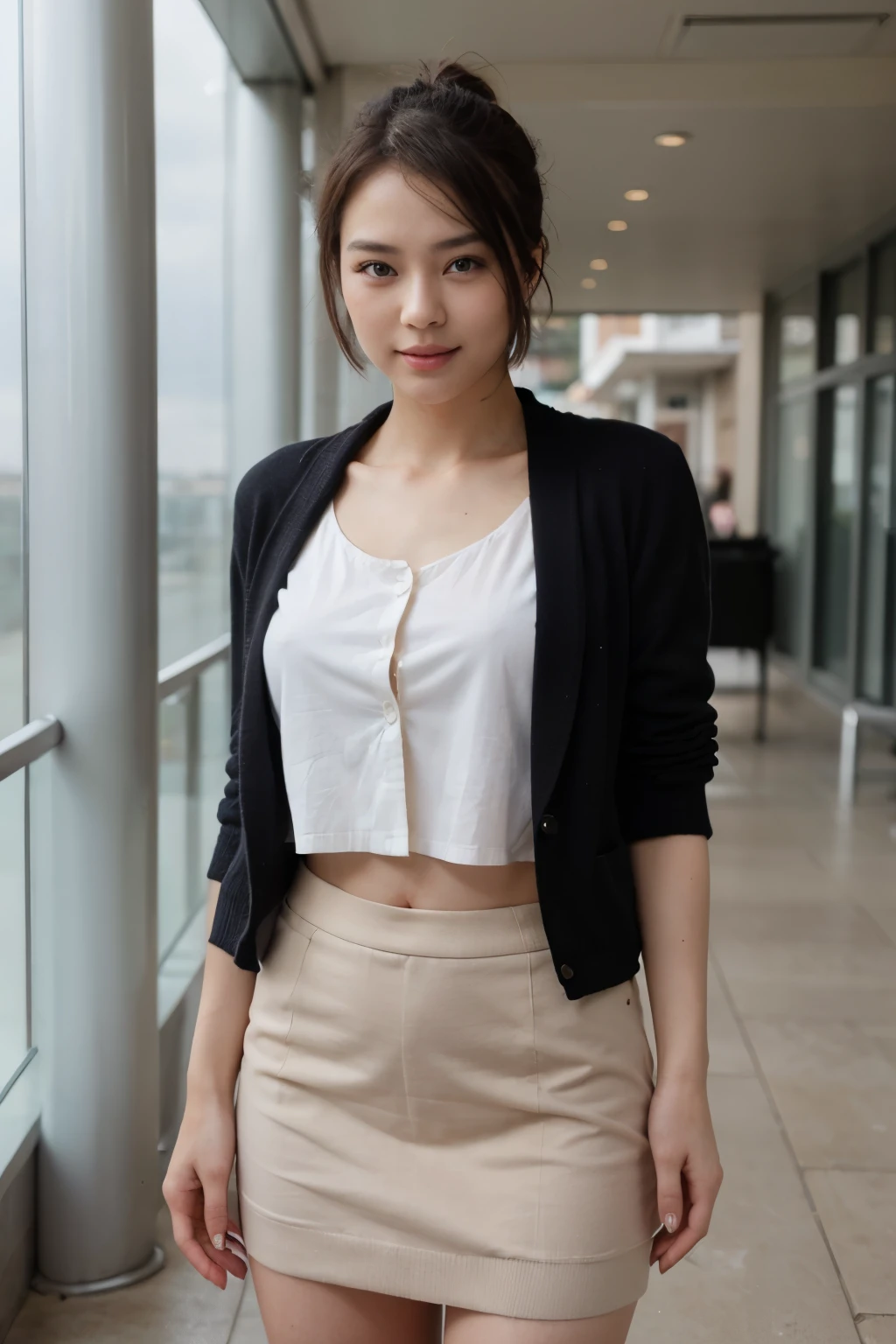 top-quality、​masterpiece、超A high resolution、(realisitic:1.4)、Beautuful Women１、Beautiful detail eyes and skin、smile、Light brown short-cut hair, business suit and shirt, gorgeous chinese model, photo of slim girl model, IG-Modell, beautiful female model, black auit, luxury office, long pants