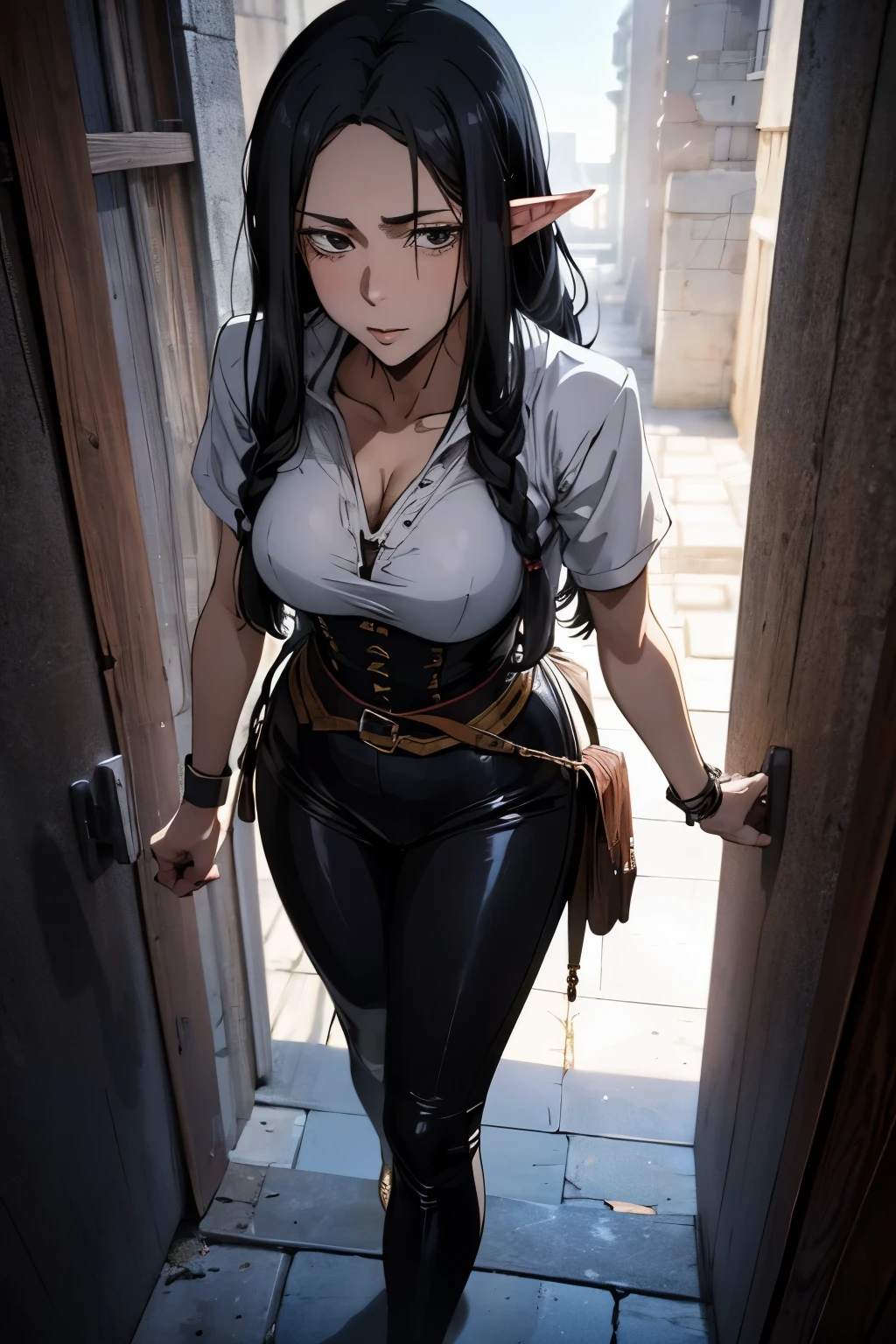 solo, ((masterpiece)),((high resolution)),((best quality)), extremely fine and beautiful, super fine illustration, (realistic skin), (insanely detailed anime eyes), mature, milf, vivid and beautiful, shocking sensation, incredibly detailed, beautiful detailed girl, (medium supple breasts:0.7), front view, walking, hallway, facing at viewer, black hair, (elf), (medium long elf ears), hunter, (adventurer gear:1.0) ((black hair)), (very long hair), (small breasts:0.9), (plump thighs:0.6), (wide hips:0.6), movie lighting, perfect shadow, realistic lighting shaded, ((medieval fantasy scenery))