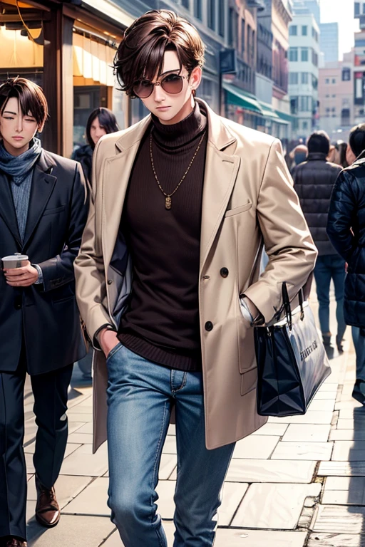 Cool man walking around town、Pedestrian mall、Cold days、with short brown hair,, long court、navy wool high neck sweater、White denim、long-sleeve、Brown boots、hight resolution、in 8K、foco nítido、focal zoom