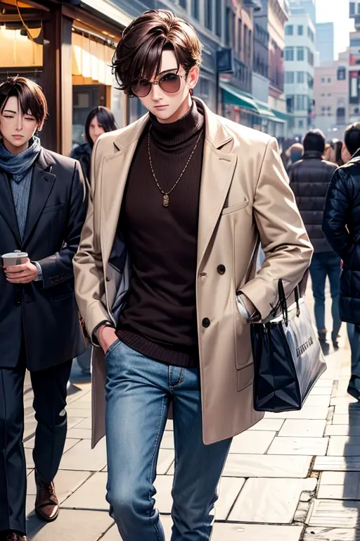 cool man walking around town、pedestrian mall、cold days、with short brown hair,, long court、navy wool high neck sweater、white deni...