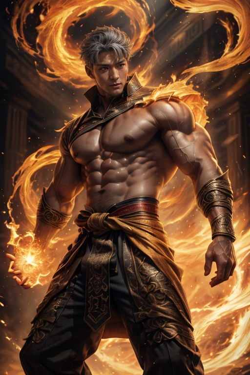 Realist, tmasterpiece, Complicated details, detailedbackground, depth of fields, musculous, 韩国magister帅气照片, (Young Korean man looks like K-pop idol), 25 age old, (Short gray hair), Sexy crotch, Fire spells, magister, Sexy muscles, Naked，musculous的身体，Rough skin texture，Strong masculine characteristics，Wearing a tong, focal, pyromania, white skinned, pale nipples,(8K，tmasterpiece，The best quality，A high resolution，ultra - detailed)