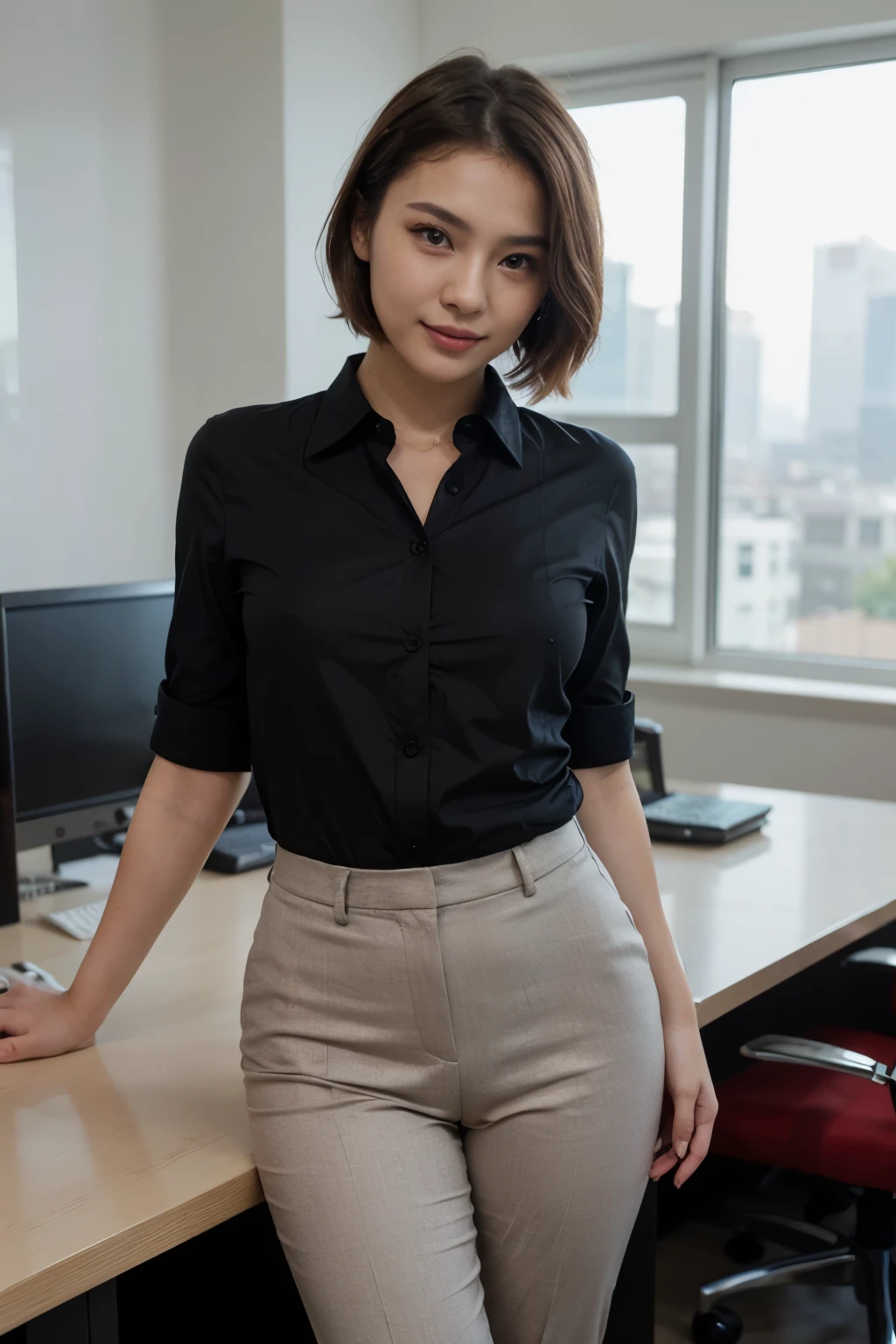 top-quality、​masterpiece、超A high resolution、(realisitic:1.4)、Beautuful Women１、Beautiful detail eyes and skin、smile、Light brown short-cut hair, business suit and shirt, gorgeous chinese model, photo of slim girl model, IG-Modell, beautiful female model, black auit, luxury office, long pants