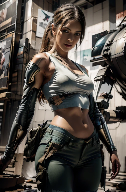 (tank top,ripped military pants,good figure:1.1,sexy and charming:1.1,holding a war gun),oil painting,battlefield background,detailed brushstrokes,dramatic lighting,vivid colors,realistic,war theme,portrait style