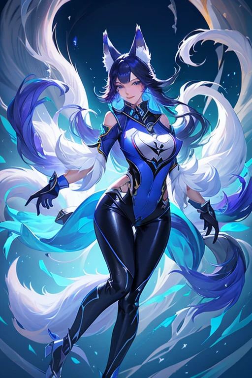 arcana ahri skin, 1girl, solo, long hair, breasts, looking at viewer, smile, gloves, animal ears, tail, fox ears, bodysuit, fox tail, glowing, helmet, multiple tails, Fluffy tail, huge breast