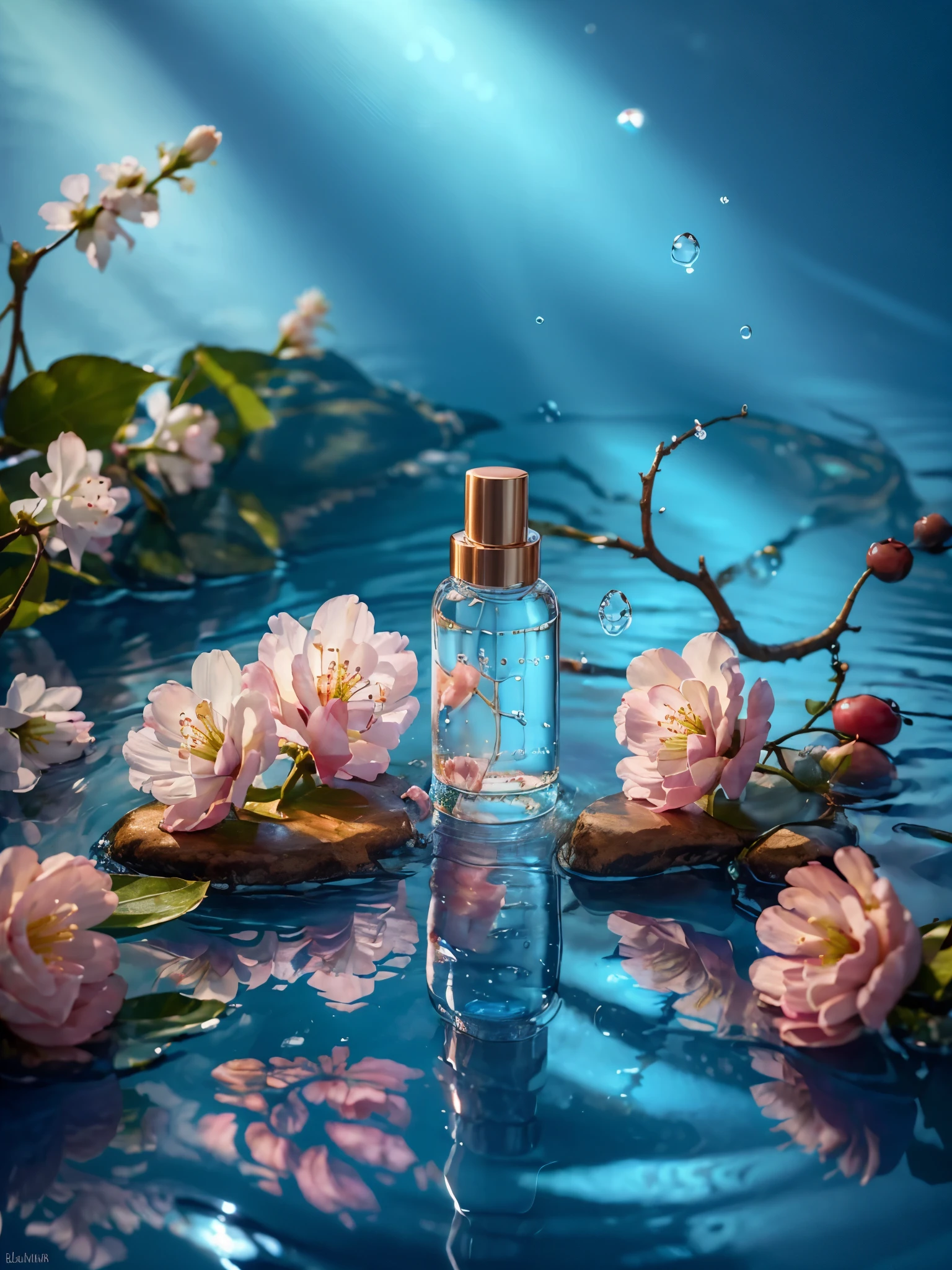 best quality, 4k, 8k, high resolution, masterpiece, ultra-detailed, photorealistic, blender, makeup bottle, cherry blossom wrapped around, blue sky background, water, sunlight, low perspective,  product rendering