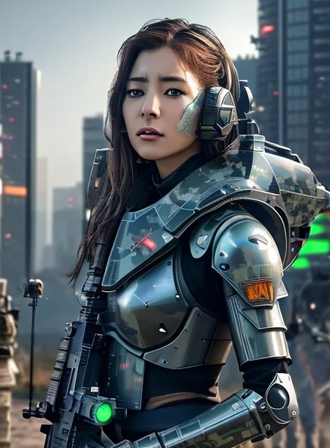 extremely detailed CG unity 16K wallpaper, (raw photography, cyberpunk:1.3), science fiction, (photorealistic, highest quality, masterpiece:1.2), (correct anatomy:1.5), POV, (from front:1.4), (from blow:1.1), dynamic angle, 1 girl, ((female soldier with mechanize body:1.4)), solo, ((full body shot:1.2)), black hair, short hair, fairly detailed skin, tan, realistic and bright eyes, highly detailed nose and lips, expressionless, ((camouflaged-body armor, 1 pair of jet engine and wing on girl’s back:1.5)), (((flying, holding 1 large blaster rifle:1.3))), slender, medium breast, (((outdoor, daytime, futuristic city, battlefield, shootout:1.5))), cinematic lighting, professional photo, depth of field, sharp focus, highest resolution, ultra high res