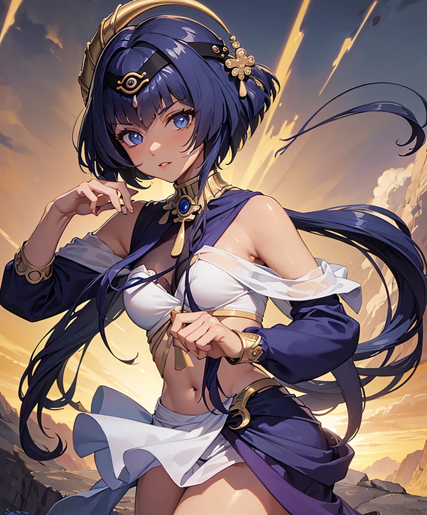 1 chica, (8k, 4k), Obra maestra, La mejor calidad, ultra, Detallado ojos, ojos de calidad, buena calidad, Detallado, lago, Calidad 4K, playa, arena, mar,  sesión, Candace \(Impacto de Genshin\), 1 chica, solo, ojos azules, Mujer de piel oscura, ojos amarillos, Una dama extremadamente delicada y hermosa, hermosa Detallado sky, soleado, (Cara bien diseñada, cara increíble), (super Detallado), beautiful Detallado eye, ojos relajados, sonrisa traviesa sexy, falda corta verde, minifalda verde, vestido corto, camisa blanca, camisa corta, blusa blanca, sonrojarse, boca cerrada, lápiz labial, anatomía perfecta, brisa, viento, pechos grandes, sesión, sexy