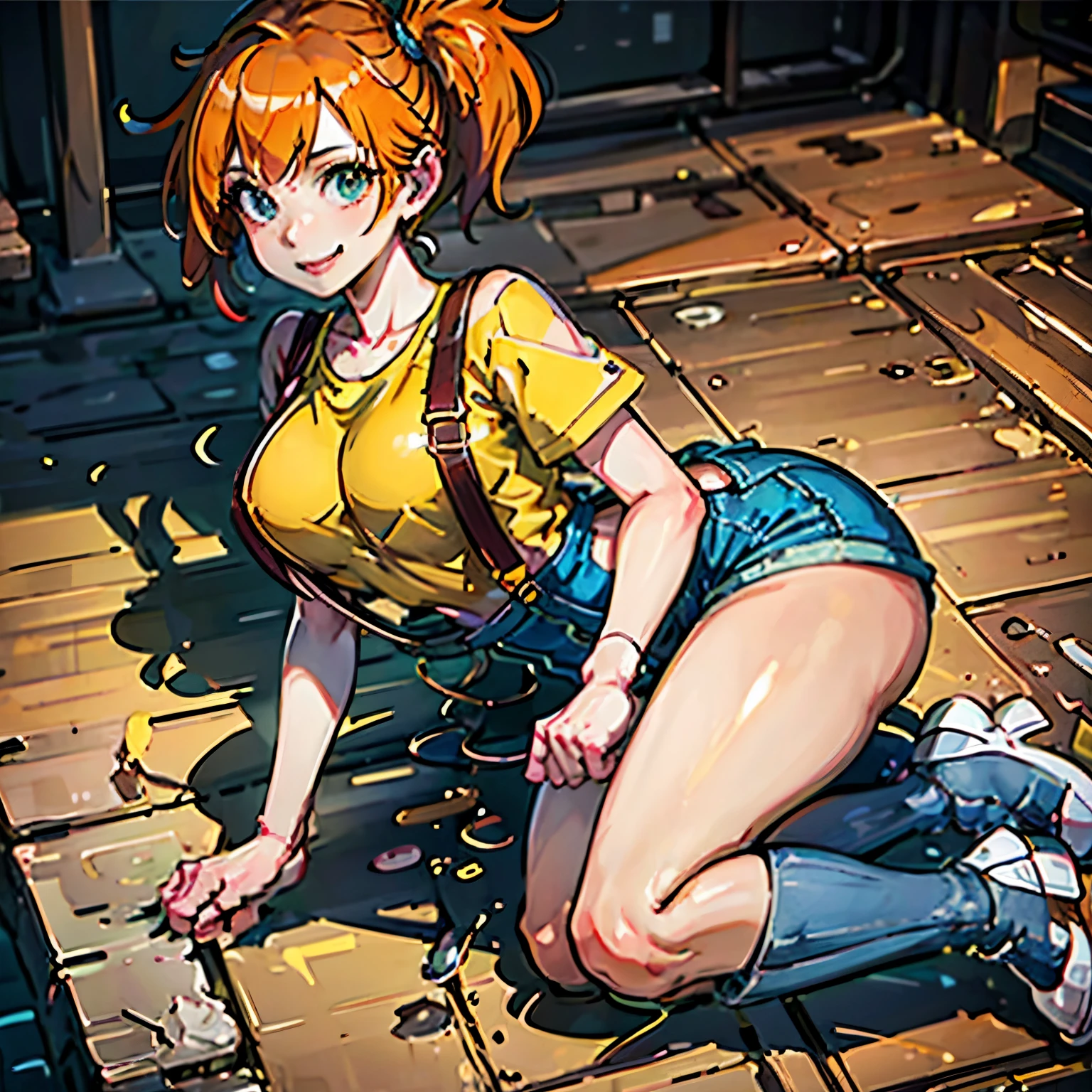masterpiece, best quality), intricate details 1girl, medium hair, orange hair, jewelry, makeup, medium huge breasts, ero full body, cute face with smile, yellow shirt, red and dark blue overalls