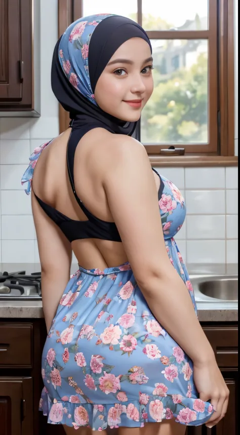 Hyper realistic, Beautiful, cute Face, (14 Years old ukrainian lolita Girl), (wearing modern hijab), wearing sexy seethru light purple floral short house dress, unbuttoned floral house dress, ((lifted dress)), open breast, Rounded small Breast,slightly Chu...