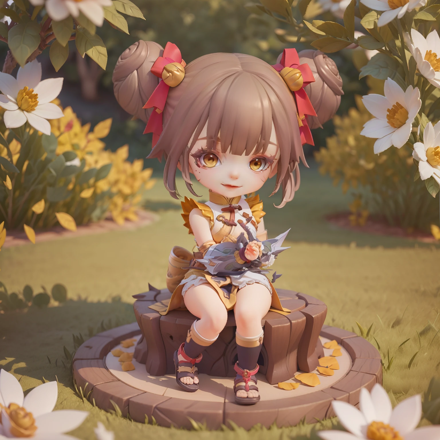 Cute Baby 赤壁 selena mobile legend,(((赤壁 3D))) (最好的质量) (主价格)、(赤壁 :1.3)、坐在烟熏粉色花朵上、标本、室内植物、张开嘴微笑