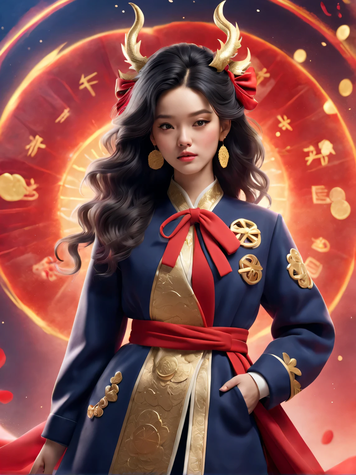 tully shaw style， (可爱微笑Zodiac dragon和芭比女孩的特写），Zodiac dragon，Big bow，black long curly hair，Winter fashion exudes luxury, Gorgeous and stylish，围巾，coat large，Gauze skirt，With dark navy blue and fiery red background, 2024 new year elements, Gold coins flying, Cute 3d rendering, Cute and detailed digital art, slight feeling, stylized 3d render, 8K， 3D character art rendering, lovely digital painting, Anime style 3D, Ultra-detailed rendering, hyper HD, tmasterpiece, Acura, ctextured skin, super detailing, high detal, high high quality, Award-Awarded, Best quality, A high resolution, 16k,