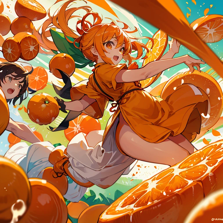 Mandarin juice students jump while serving bouncing mandarin oranges、Amazing dynamism、Amazing Angle、unstable clone sandstorm、(Lots of friendly little oranges jumping and chasing each other.)、(surround each other&#39;A large amount of bound mandarin oranges)