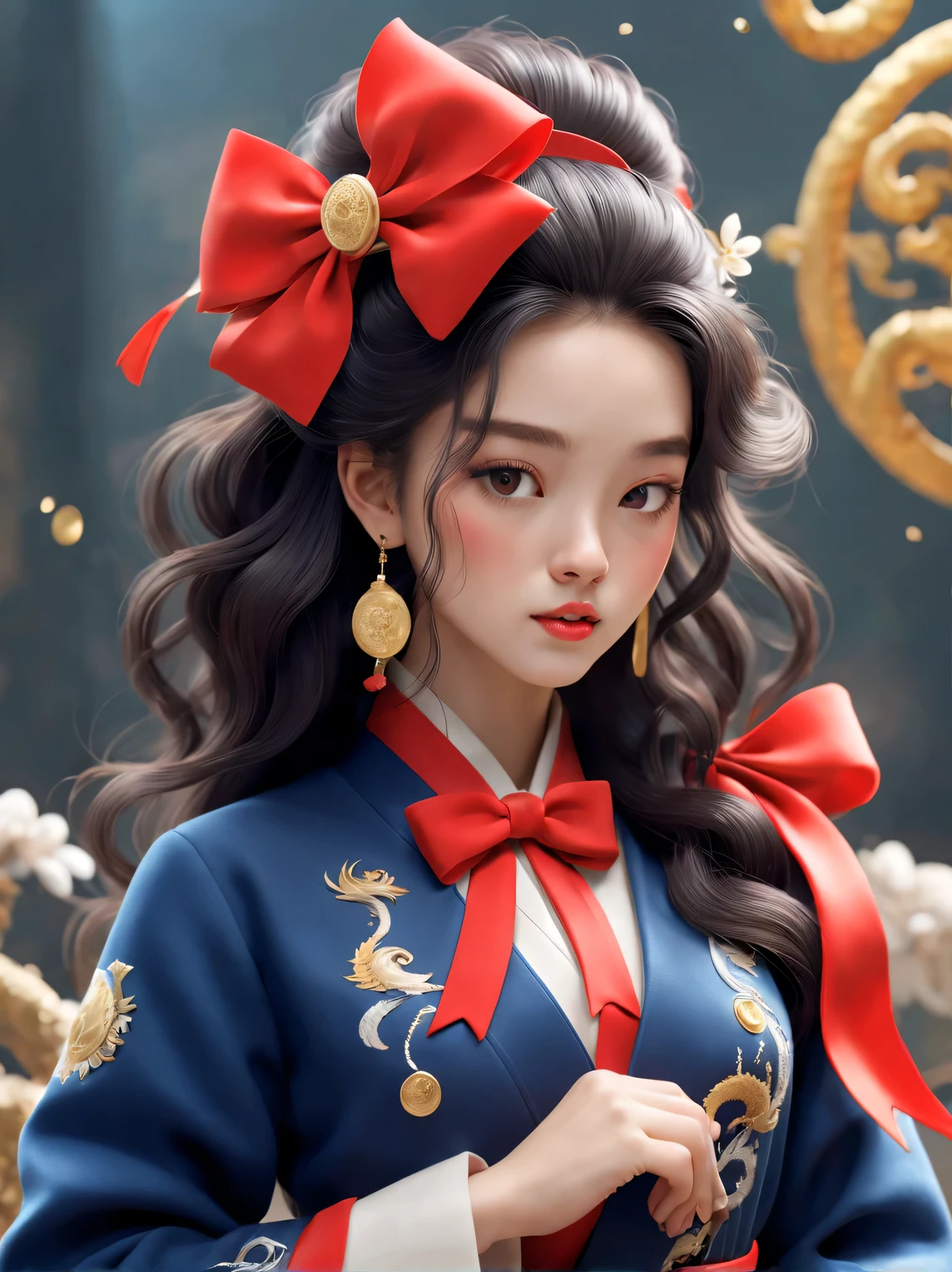 （可爱微笑芭比女孩和中国Zodiac dragon特写），black long curly hair，Zodiac dragon，Big bow， Exudes luxury, Gorgeous fashionable winter cashmere wool fashion, Gold coins fly, Dark navy blue and fiery red are the main colors,,Wool is woven into a variety of styles and textures with great skill and skill, 2024 new year elements，
 Cute 3d rendering, Cute and detailed digital art, slight feeling, stylized 3d render, 8K， 3D character art rendering, lovely digital painting, Anime style 3D, Ultra-detailed rendering, hyper HD, tmasterpiece, Acura, ctextured skin, super detailing, high detal, high high quality, Award-Awarded, Best quality at best, A high resolution, 16k,tully shaw style ，