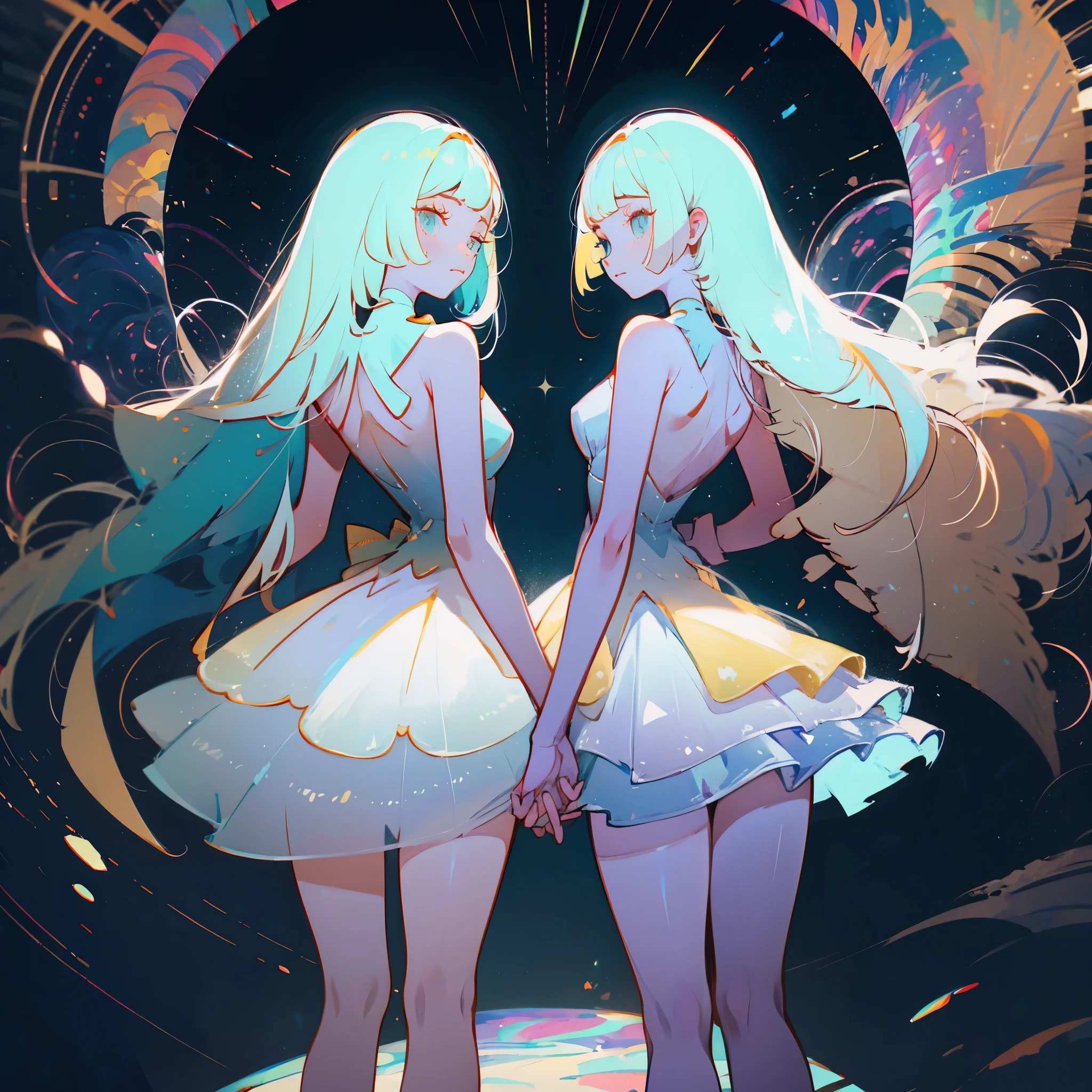 (best quality, masterpiece), Two girls in long white dresselonde hair and blue eyes holding hands back to back,Lillie and Lusamine, white diamond mineral, beautiful full body concept art, looking at viewer,  dark background, white long hair, (straight long legs:1.4), (long skirt that covers the thighs), white mineral, sleek glass thickness, transparent, cinematic lighting, rendering, 4K, --niji 5