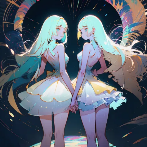 (best quality, masterpiece), Two girls in long white dresselonde hair and blue eyes holding hands back to back,Lillie and Lusami...