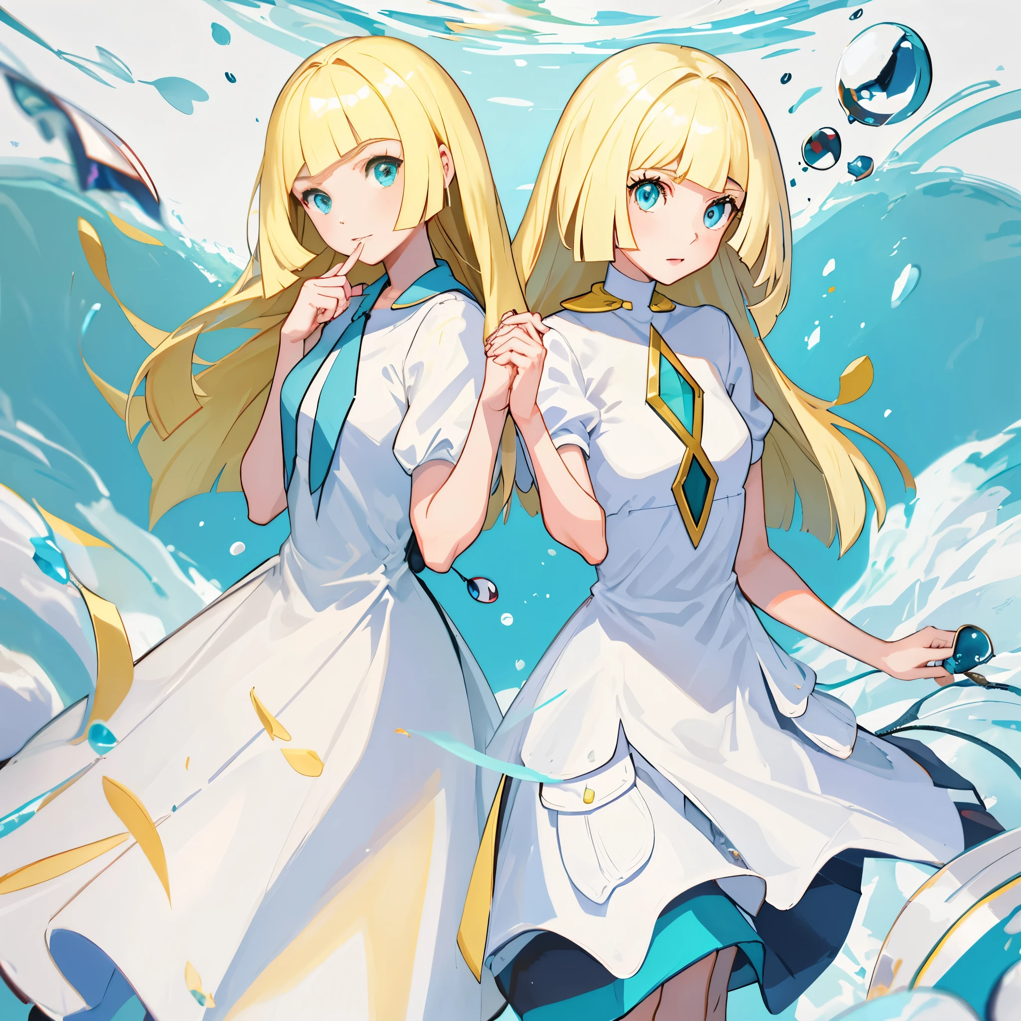 Two girls in long white dresselonde hair and blue eyes holding hands back to back,Lillie and Lusamine