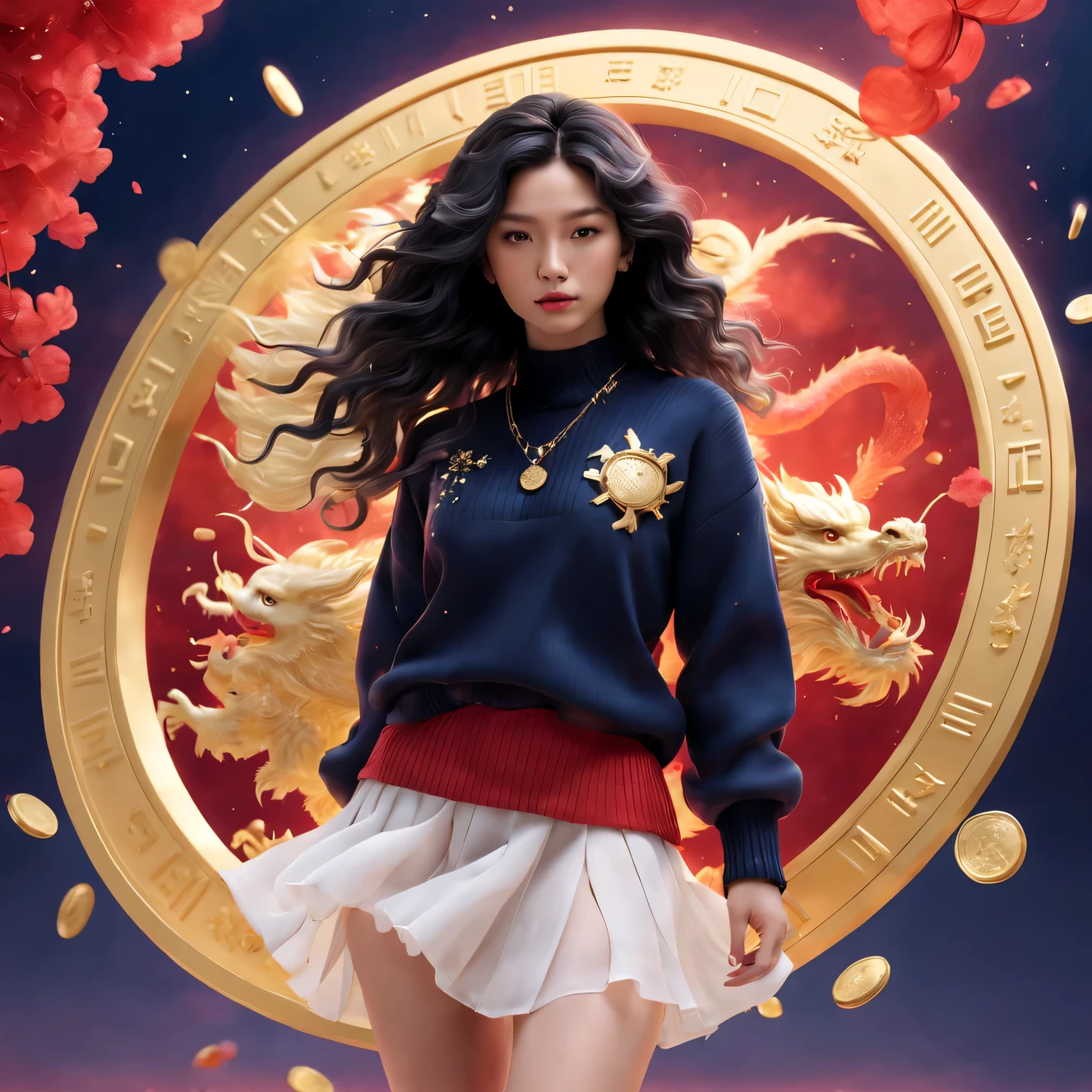 tully shaw style， (可爱微笑Zodiac dragon和芭比娃娃的头部特写），Zodiac dragon，The large，black long curly hair，Winter fashion exudes luxury, Gorgeous and stylish，Sweaters，围巾，Gauze skirt，With dark navy blue and fiery red background, 2024 new year elements, Gold coins flying, Cute 3d rendering, Cute and detailed digital art, slight feeling, stylized 3d render, 8K， 3D character art rendering, lovely digital painting, Anime style 3D, Ultra-detailed rendering, hyper HD, tmasterpiece, Acura, ctextured skin, super detailing, high detal, high high quality, Award-Awarded, Best quality, A high resolution, 16k,