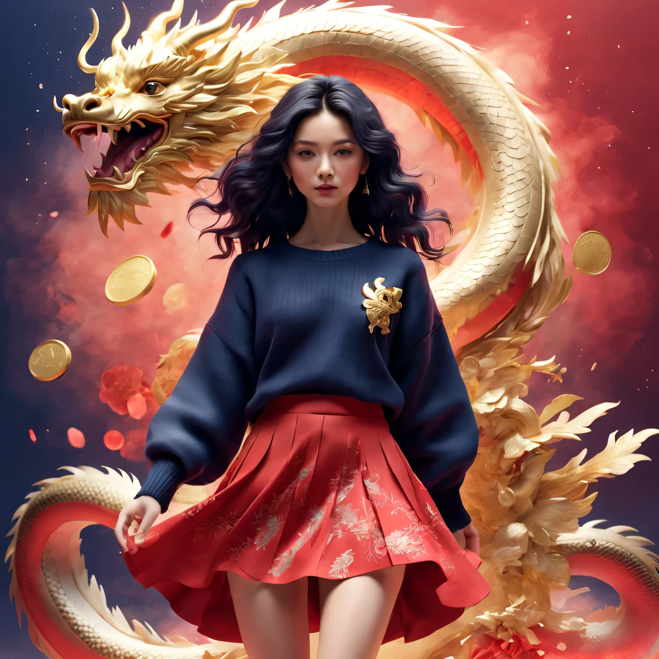 tully shaw style， (可爱微笑Zodiac dragon和芭比娃娃的头部特写），Zodiac dragon，The large，black long curly hair，Winter fashion exudes luxury, Gorgeous and stylish，Sweaters，围巾，Gauze skirt，With dark navy blue and fiery red background, 2024 new year elements, Gold coins flying, Cute 3d rendering, Cute and detailed digital art, slight feeling, stylized 3d render, 8K， 3D character art rendering, lovely digital painting, Anime style 3D, Ultra-detailed rendering, hyper HD, tmasterpiece, Acura, ctextured skin, super detailing, high detal, high high quality, Award-Awarded, Best quality, A high resolution, 16k,