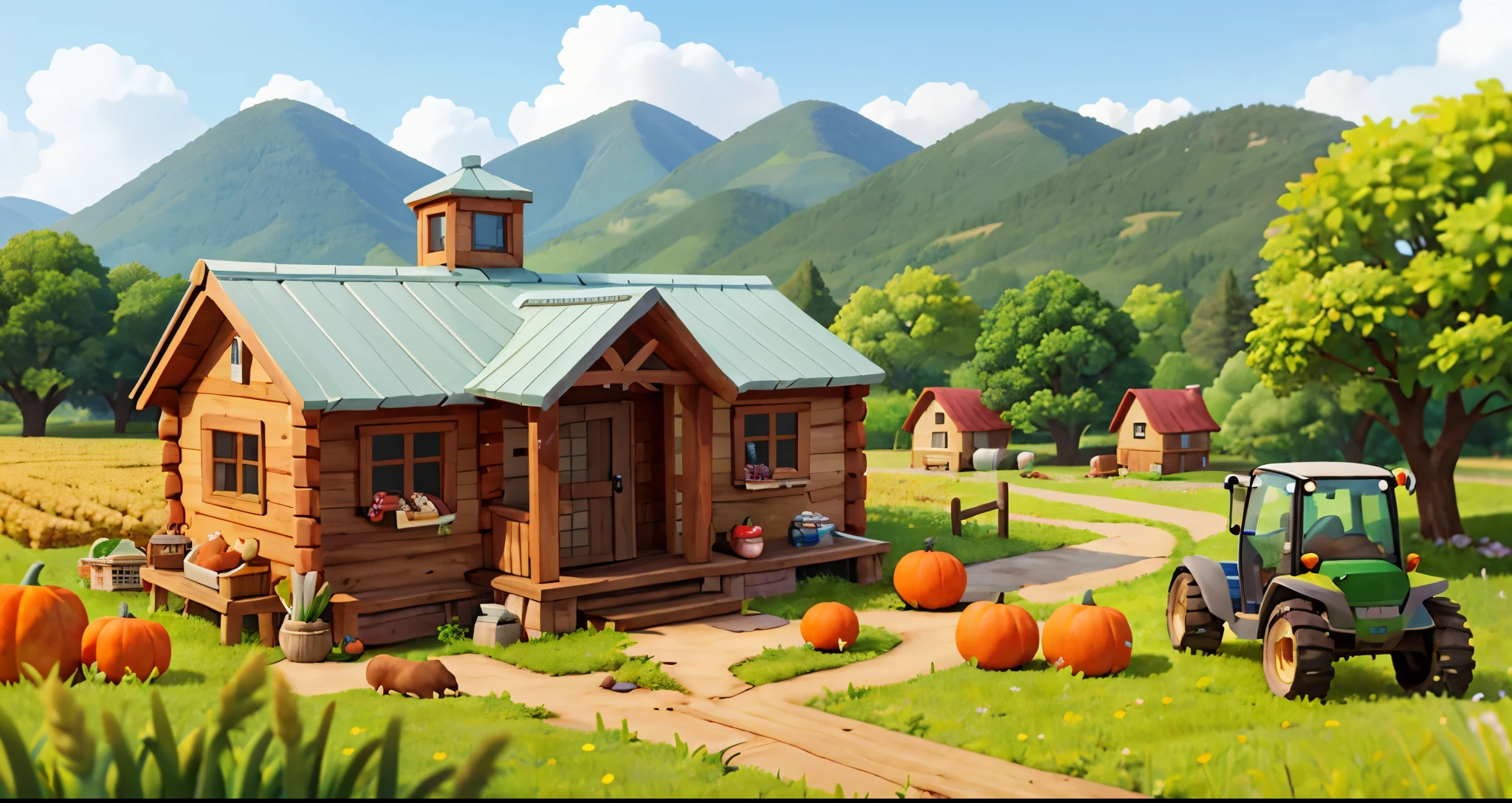 farms，小wooden cabin， grassy，Greenery， wheat， that tree， calf， Casual game style， tmasterpiece，（（chicken）） ， Best quality，farms game scene，farms，wooden cabin，Fruit and vegetable stall，Small cart，tractor，pumpkins，wheat，ricefield，3 Rendering，16K，extreme detail portrayal，ultra clear details，Casual game，《Upp》