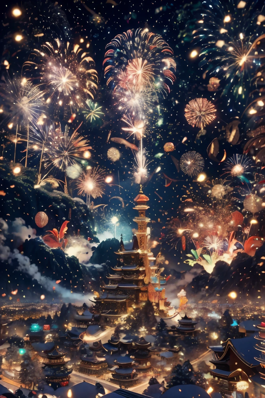 new year&#39;s day 2024, Chinese style festival, Gregorian new year, There are fireworks in the sky, Building new year&#39;New Year&#39;s Eve Countdown, lightand shade contrast, wide wide shot, super detailing, hyper HD