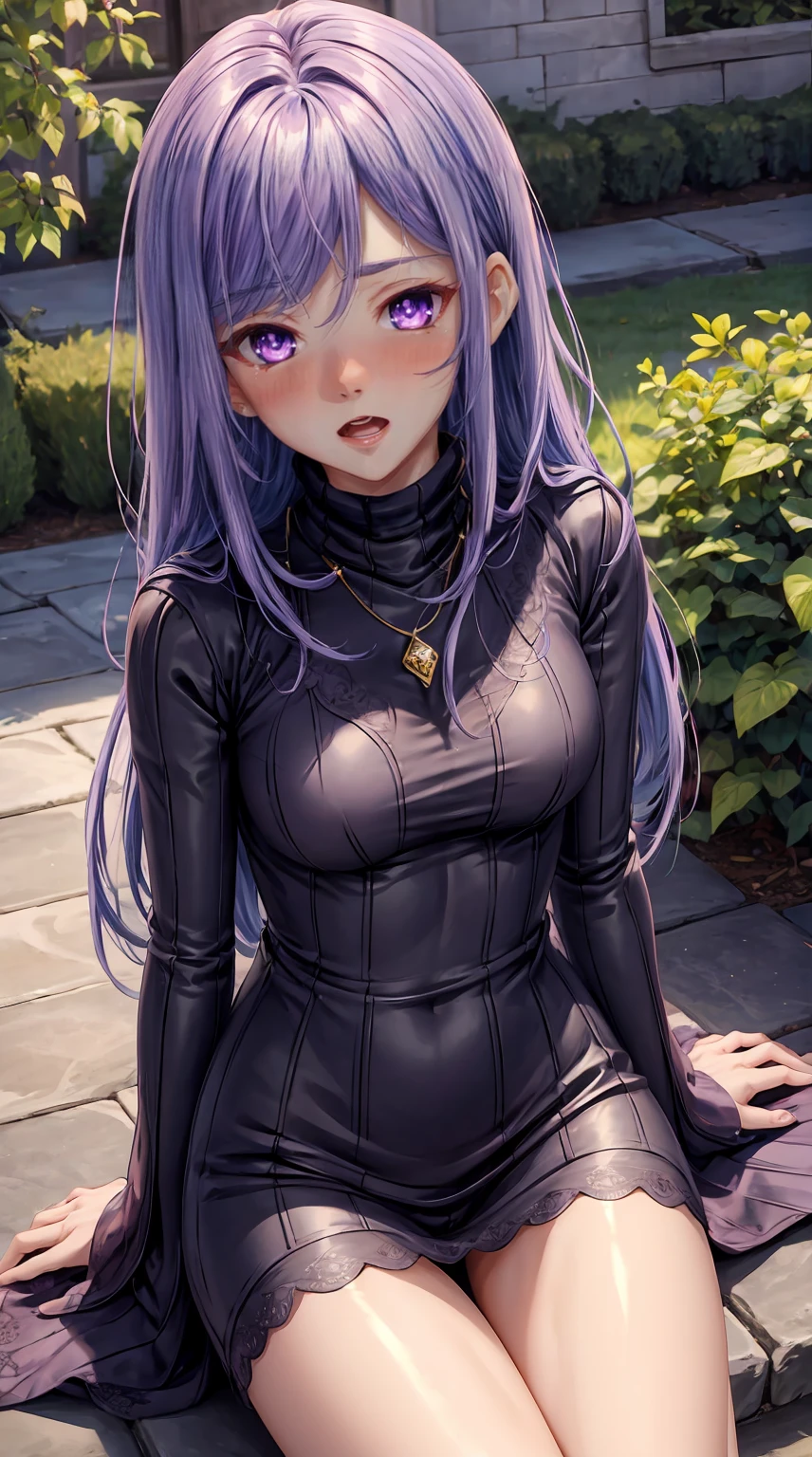 8K, Ultra High Definition, Super detailed, Shiny detailed hair, detailed face, fantasy landscape, solo, looking at viewer, {{best quality}}, {{masterpiece}}, {{ultra-detailed}}, {detailed light}, ultra high quality eyes, detailed eyes, perfect eyes, large eyes, detailed purple eyes, purple hair, long hair, adorned hair, beautiful, skinny body, white skin, slutty, erotic, suggestive, sitting with legs open, open legs, lingerie, in lingerie, blushing, open mouth, ahegao, ((nsfw))