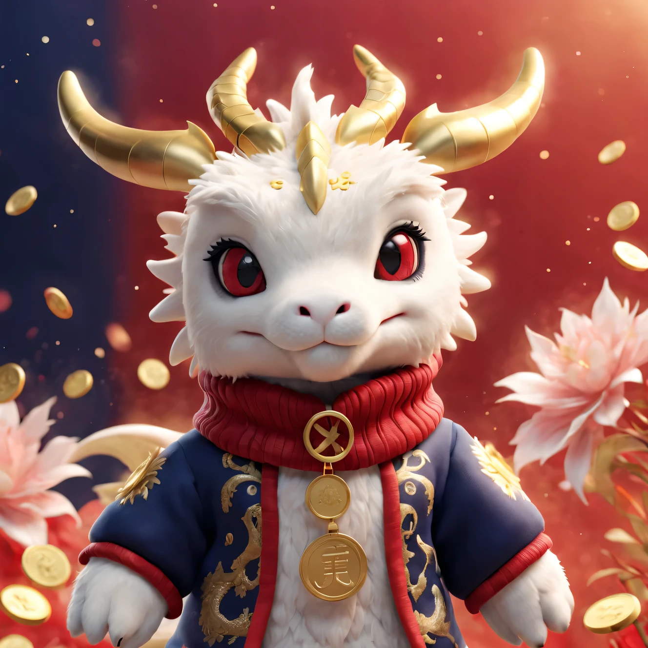 tully shaw style， （Plush toy design），(可爱微笑芭比zodiac dragon特写），（Large close-up），zodiac dragon，Winter fashion exudes luxury, Gorgeous and stylish，Sweaters，scarf，With dark navy blue and fiery red background, 2024 new year elements, Gold coins flying, Cute 3d rendering, Cute and detailed digital art, slight feeling, stylized 3d render, 8k， 3D character art rendering, lovely digital painting, Anime style 3D, Ultra-detailed rendering, hyper HD, tmasterpiece, Acura, ctextured skin, super detailing, high detal, high high quality, Award-Awarded, Best quality, A high resolution, 16K,