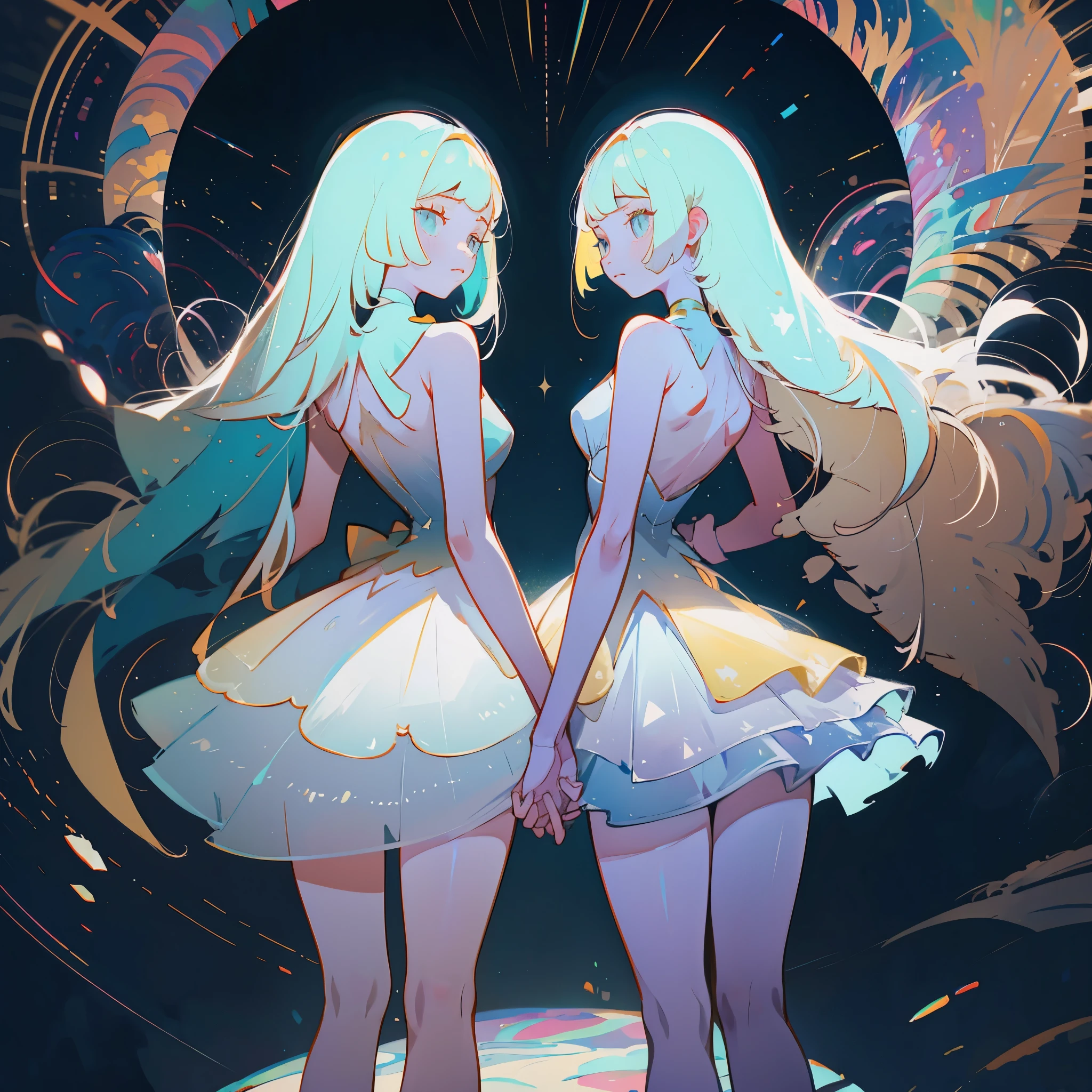 (best quality, masterpiece), Two girls in long white dresselonde hair and blue eyes holding hands back to back,Lillie and Lusamine, white diamond mineral, beautiful full body concept art, looking at viewer,  dark background, white long hair, (straight long legs:1.4), (long skirt that covers the thighs), white mineral, sleek glass thickness, transparent, cinematic lighting, rendering, 4K
