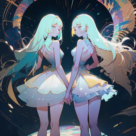 (best quality, masterpiece), Two girls in long white dresselonde hair and blue eyes holding hands back to back,Lillie and Lusami...