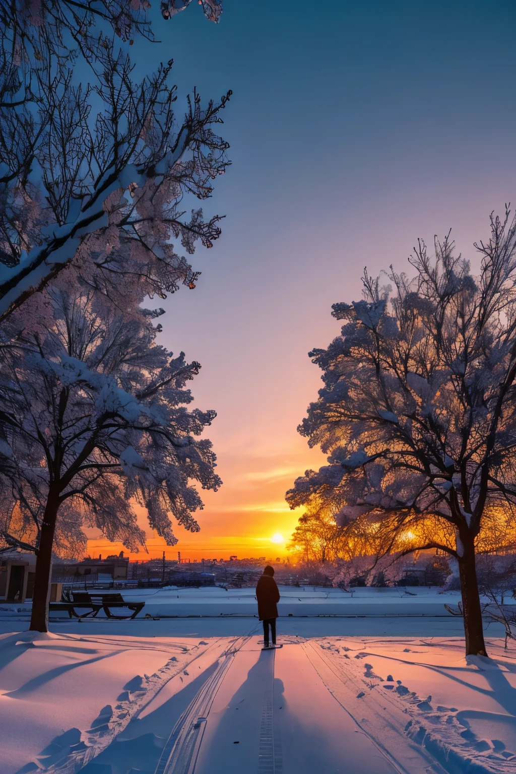 (Best quality at best,4K,8K,A high resolution,tmasterpiece:1.2),ultra - detailed,(actual,photoactual,photo-actual:1.37),The last sunset before departure,winter sky at sunset,pastelcolor,pink orange,blue,thin fog,rows of trees and buildings,Peaceful atmosphere,Peaceful winter landscape,Subtle tones,The fading sunshine,golden time,quiet street,light wind,warm kiss,City silhouette,Icy branches,Elegant architecture,longing mood,Majestic skyline,Little snowflakes dance lightly,last goodbye.