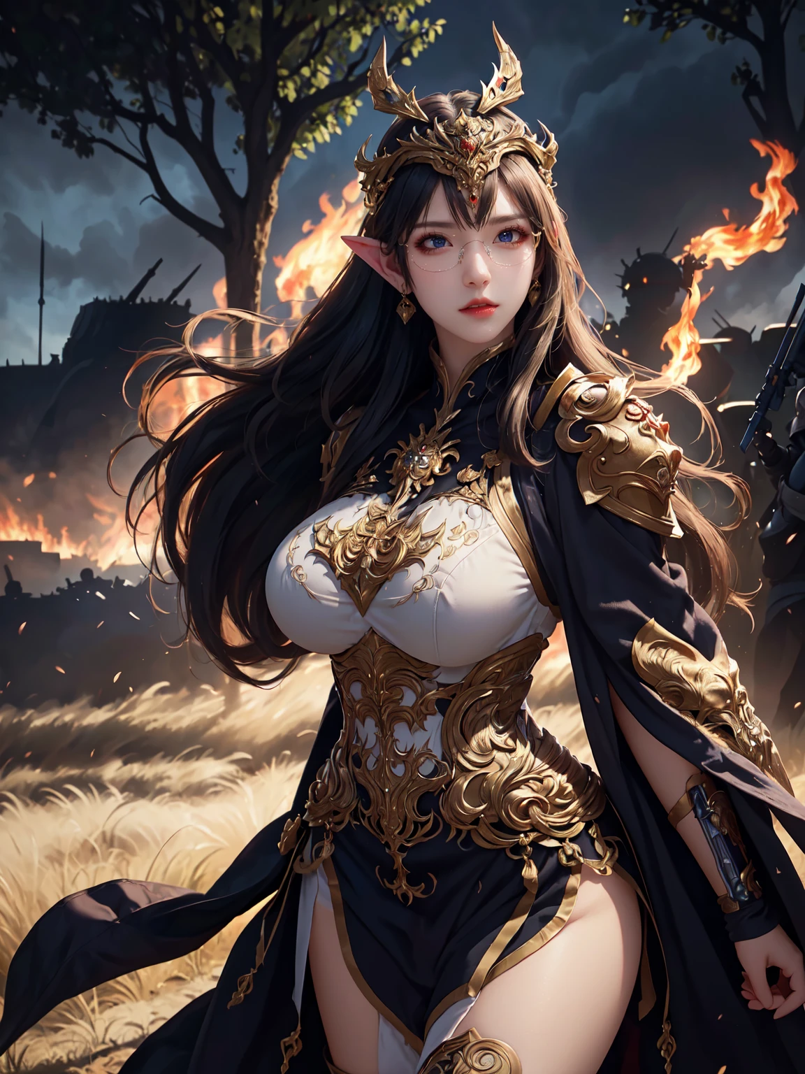 (masterpiece:1.3), live wallpaper, top-quality, Beautifully Aesthetic:1.2, ((1 girl)), solo, (red and white colors warrior steel armor, glorious helmet, long robe), (black brown Hair, Straight hair, short hair), detailed face, detailed eyes, detailed ears, detailed lips, ((eye-glasses)), (perfect body (firm breast, nicely shaped breasts, slender figure)), (arms holding a big sword), (close shot:1.1), (From front:1.3), (Looking at viewer, confident expression, angry), (elegant stylish contraposto pose:1.2), (fighting on fantasy landscape:1.3), fantastic medieval night sky, castle, flames, darkness, trees, troops, battelfield, ((At the middle of war battlefield :1.2)), intricate background, ultra realistic background