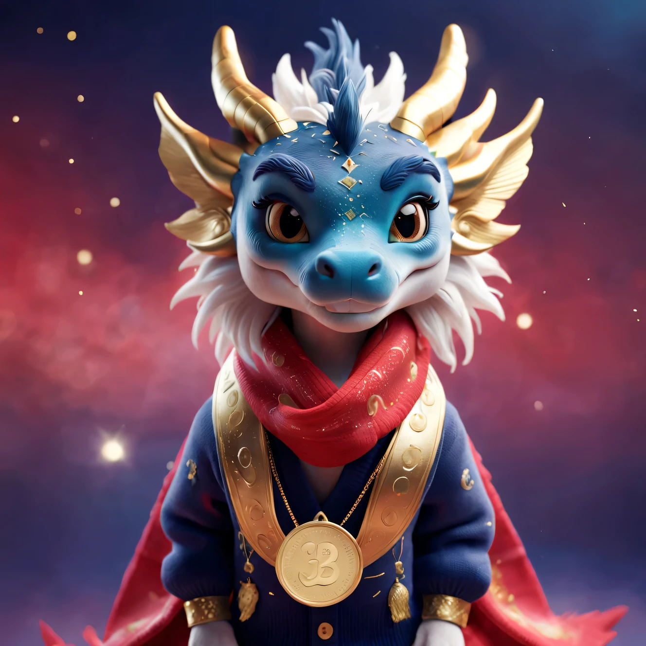 Tully Shaw，(Close-up of cute smiling zodiac dragon bowing），Plush toy design，Ethereal，inspired by barbie doll，Winter fashion exudes luxury,Gorgeous and stylish sweaters and scarves，With dark navy blue and fiery red background, 2024 new year elements, Gold coins flying, Cute 3d rendering, Cute and detailed digital art, slight feeling, stylized 3d render, 8K， 3D character art rendering, lovely digital painting, Anime style 3D, Ultra-detailed rendering, hyper HD, tmasterpiece, Acura, ctextured skin, super detailing, high detal, high high quality, Award-Awarded, Best quality at best, A high resolution, 16k,