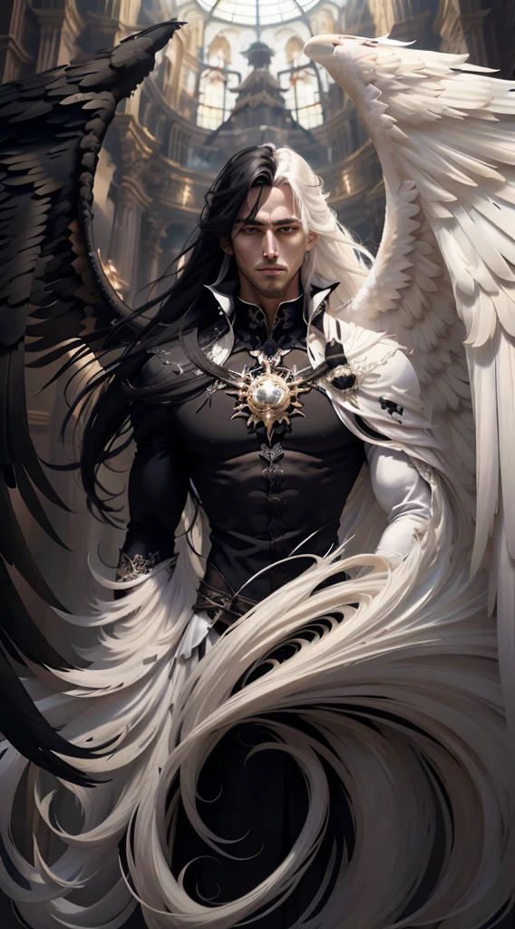 (master-piece:1.3),(bestquality:1.2),10,Absurd,Unity wallpaper 10,(Very detailed:1.3),highest, (1 man,handsome), ((Separate theme,Merge)), (Long straight hair,long and handsome), Heterochromia, (White Hair,Black Hair), (angel,Demons), (White wings,black wings)