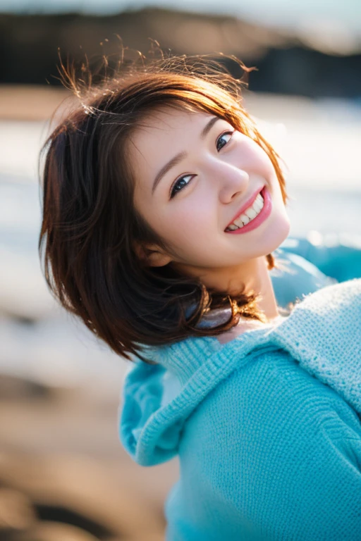 japanes、1 female、Longhaire、brue eyes、25-years old、a smile、bright expression、White teeth are visible、Winter sea、I'm looking cold、Wearing a coat、Looking at the sea、depth of fields、walking on the sandy beach、eyes are looking upwardy hair is blowing in the wind、profile、