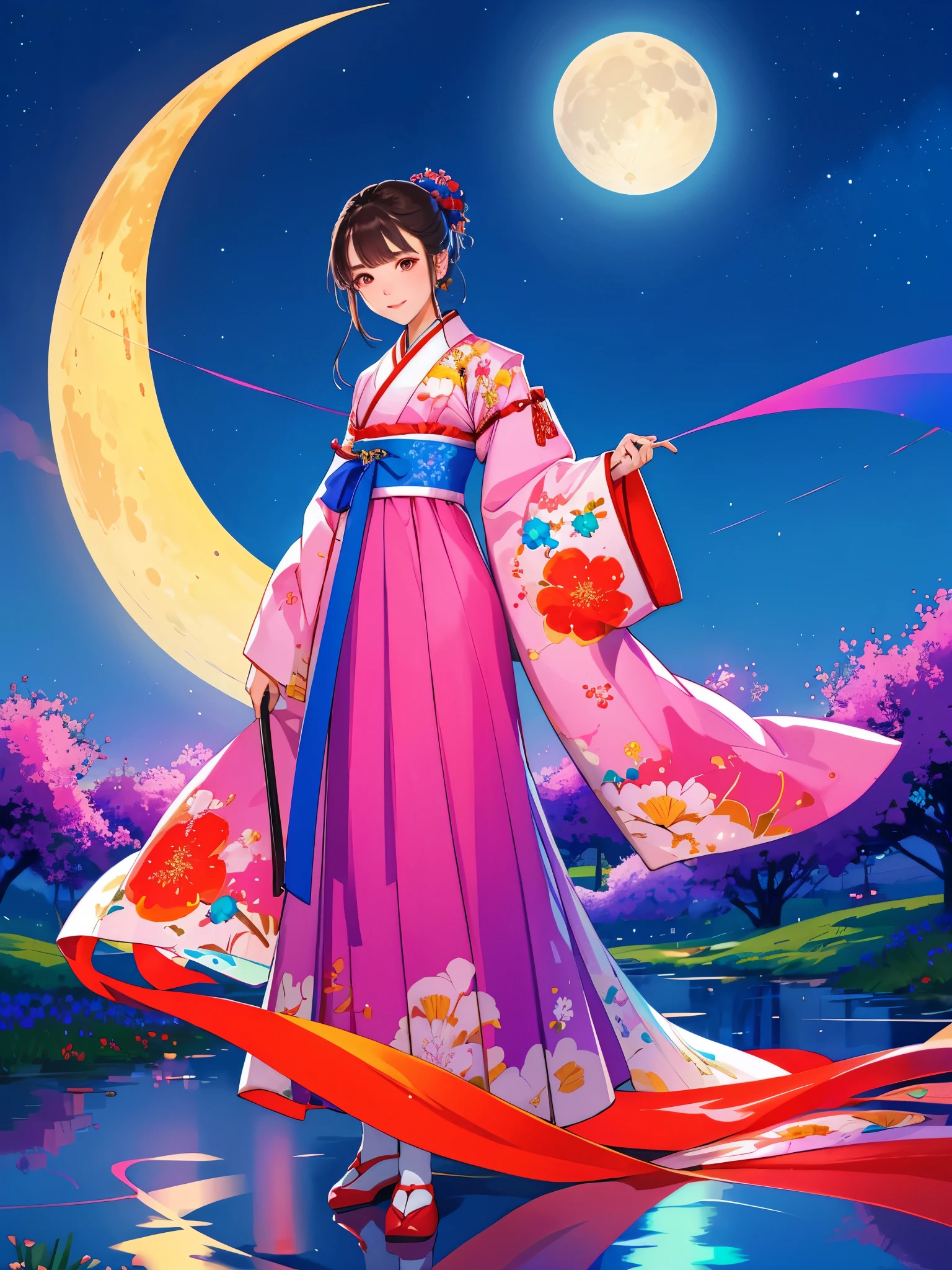 Best quality at best, tall_settle, distinct_Image of a, detailedbackground ,girl, Hanbok,florals,florals园,themoon, the night,