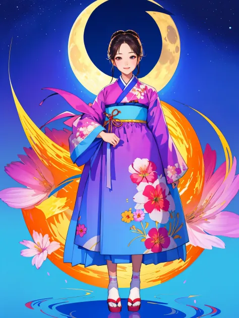 best quality at best, tall_settle, distinct_image of a, detailedbackground ,girl, hanbok,florals,florals园,themoon, the night,