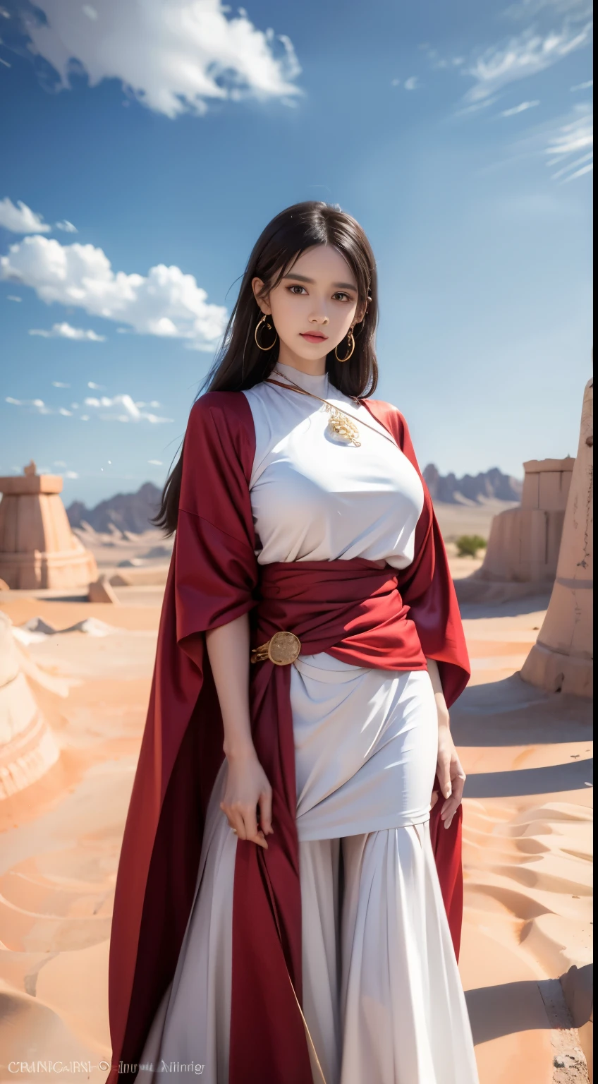 Filipino women in traditional clothes holding snare drums in the desert, A young woman in shamanic clothing, A girl holds a sphere, cinematic ligh《Silk Road》The view, Beautiful youth, Portrait shooting, Ancient princess Lieb, The vanishing line of the desert is below the woman's waist, The sky is clear and transparent.