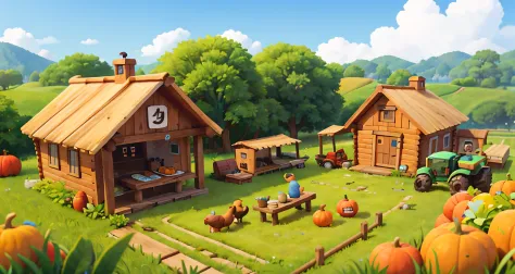 farms，小wooden cabin， grassy，verdure， wheat， that tree， calf， Casual game风格， tmasterpiece，（（chicken）） ， Best quality，farms游戏场景，fa...